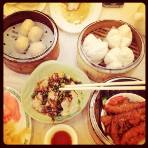 My dim sum breakfast: dumplings, chicken feet, jellyfish tentacles, char sui buns and 1000 year old egg